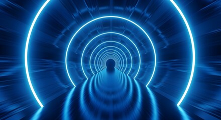 Abstract futuristic tunnel with glowing blue neon oval rings and reflections