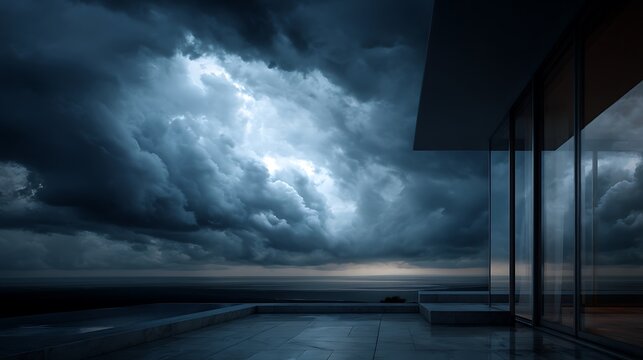 Dramatic stormy skies engulf a modern architectural building near the ocean - Powered by Adobe