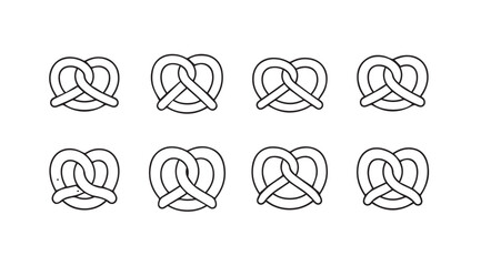 A collection of eight classic pretzel icons in a simple silhouette style