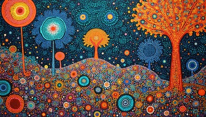 Vibrant dot art painting shows fantasy landscape with colourful trees, flowers under starry sky. Art style blends aboriginal dot patterns with psychedelic cosmic swirls. Whimsical nature scene