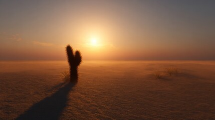 Fototapeta premium Desert Landscape With Cactus At Sunset. Tranquil Scene Of Solitude And Natural Beauty