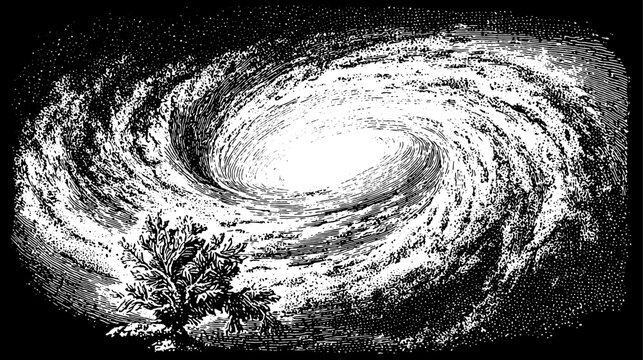 Vintage galaxy engraving in a swirling black and white vector illustration, showcasing astronomical elements with textured design in a unique set.