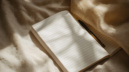 Open Notebook With Pen On Soft Fabric In Warm Sunlight. Cozy And Inviting Writing Space