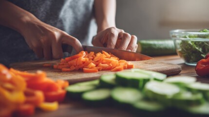 Person Chopping Fresh Vegetables On A Wooden Cutting Board. Preparing Ingredients For A Healthy Meal