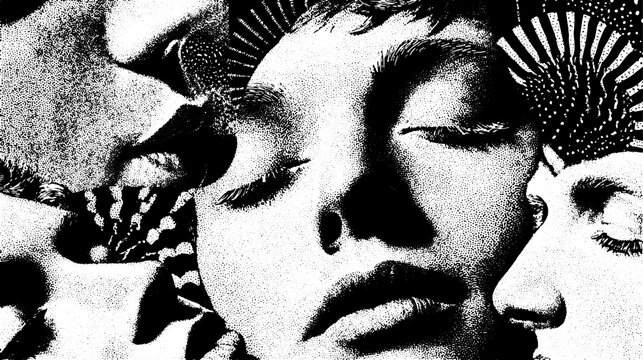 Black and white engravings in vintage line drawing style. Detailed vector illustration focused on face and expression, creating a unique visual set.