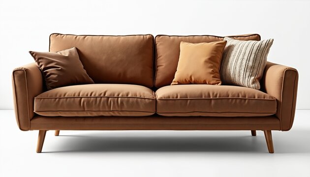 Brown sofa with pillows sits on white floor. Minimalist interior furniture piece is perfect for modern living space. Comfortable seating for home.