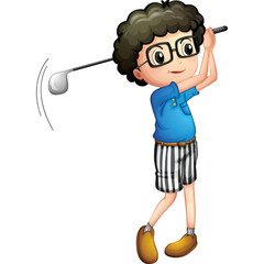 Young Boy with Glasses and Curly Hair Swinging a Golf Club in a Blue Shirt and Striped Shorts Ready to Tee Off