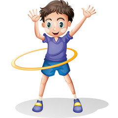 Young Boy With Brown Hair And Blue Eyes Playing With A Yellow Hula Hoop Wearing A Blue T Shirt And Blue Shorts With White Sneakers