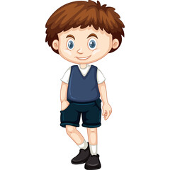 Young Boy With Brown Hair Wearing A Blue Vest And Dark Shorts Standing Confidently On A Transparent Background