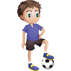 Young Boy With Brown Hair And Blue Eyes Wearing A Blue T Shirt And Black Shorts Posing With A Soccer Ball At His Feet