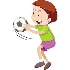 Young boy with brown hair wearing a green t-shirt and purple shorts is playing with a soccer ball