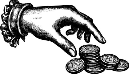 Vintage hand reaching for coins. Detailed vector illustration in a classic style, showcasing economic themes in an elegant design.