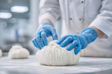 Baker hands shaping dough for bread production