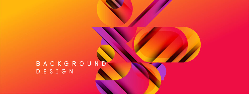 Abstract geometric shapes overlap vibrant orange, pink gradients. Modern design elements create dynamic visual impact. Background text present.