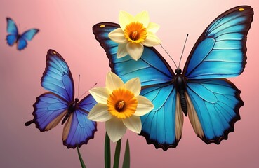 Two vibrant blue butterflies with yellow daffodils on wings rest on pink background. Another blue butterfly flies near small narcissus flowers, spring nature scene.