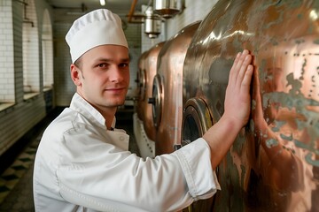 Brewer touching a copper vat in brewery factory