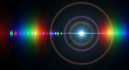 Stunning lens flare effect with vibrant rainbow spectrum and glowing light bursts, perfect for technology and creative projects