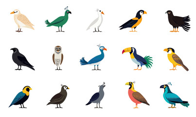 Naklejka premium Collection of illustrated bird species icons including owl raven toucan peacock falcon with flat minimalist vector cartoon style on white background