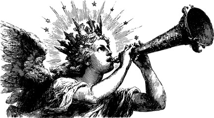 Vintage engraving of an angel playing a trumpet. This detailed black and white vector illustration showcases a classic design with ornate elements.