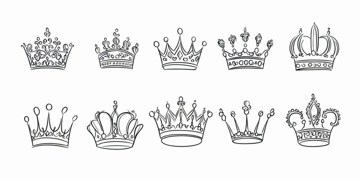 Set of ten hand drawn royal crowns and tiaras doodle line art vector illustrations with diverse styles and intricate decorative details for monarchy symbols