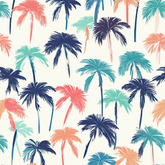Colorful seamless pattern of stylized palm trees in coral, teal, and navy blue on light background with tropical summer vibe vector illustration