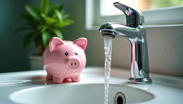 Pink piggy bank sits by sink with running water from faucet. Concept for water conservation and saving money on bills. Home or bathroom setting with plant.