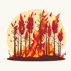 forest fire wildfire burning trees silhouette flames bright orange and red fire vector illustration environmental disaster concept isolated on light background