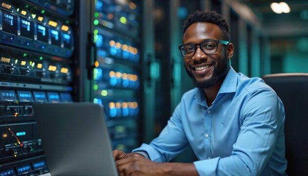 African American man works on laptop in server room. engineer smiles, sits at computer next to data racks with glowing lights. Professional tech person manages network infrastructure, ensures system - Powered by Adobe
