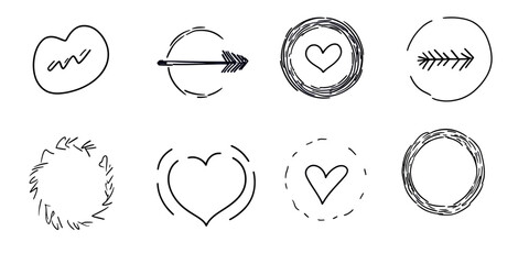 Fototapeta premium Hand drawn sketch arrow heart icons set with round scribble frames and doodle design elements in minimalist black line style for creative decoration