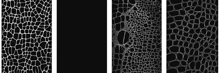 Set of four black and white reptile skin texture patterns with irregular geometric scales seamless backgrounds for textile and graphic design use in vertical layout