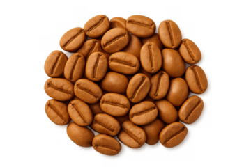 Coffee beans forming a circular heap, roasted brown grains for brewing fresh espresso or morning coffee