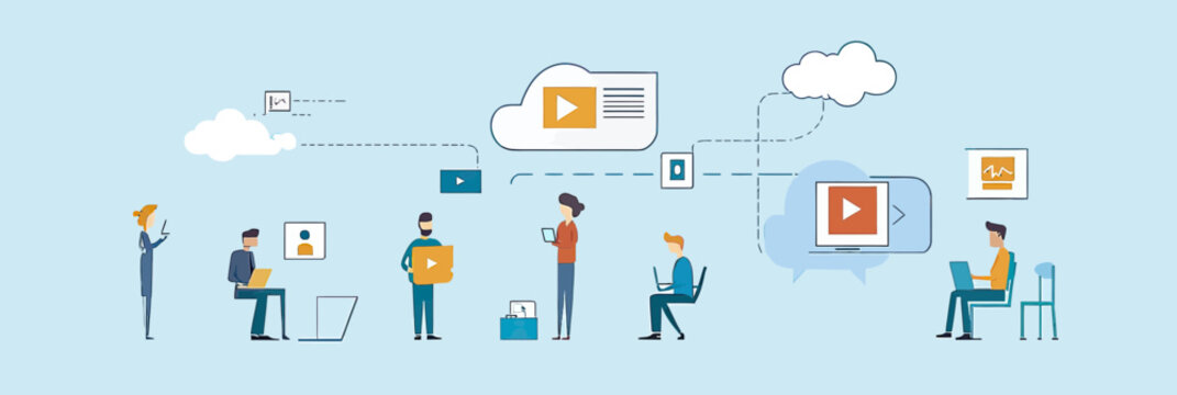 People using laptops and mobile devices creating and sharing digital video content with cloud storage and online communication icons flat vector illustration