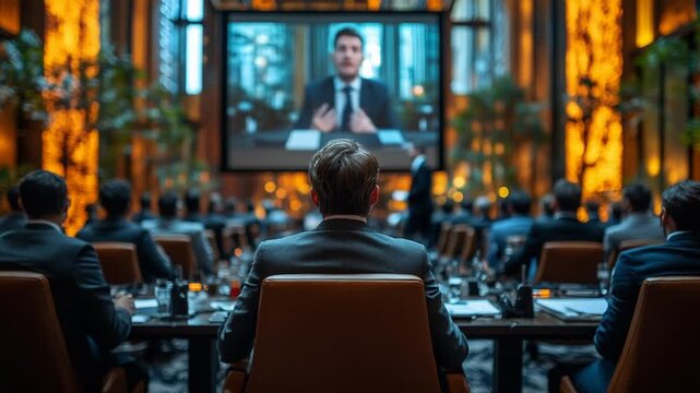 Business conference with virtual presentation in modern hall