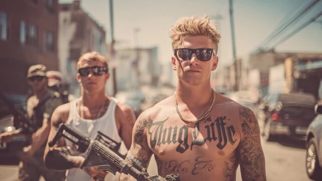 Gang members holding guns on a city street