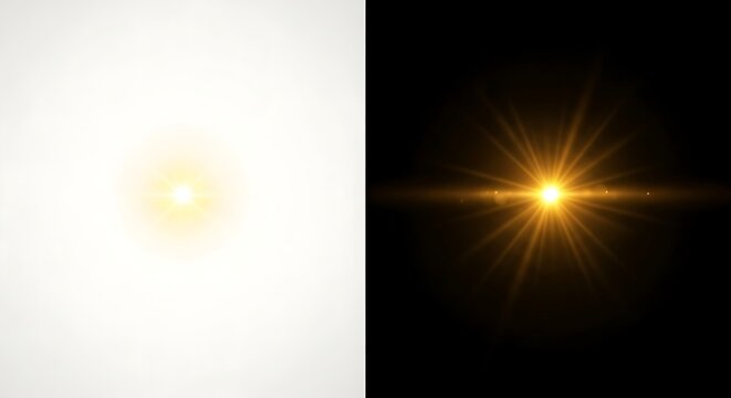 Split image of an orange starburst lens flare demonstrating high contrast on opposite black and white backgrounds