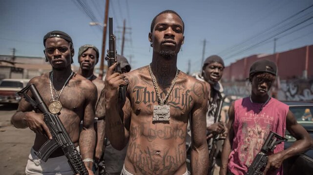 Gang members holding guns on a city street