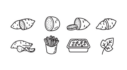Collection of sweet potato illustrations showing various forms and preparations silhouette