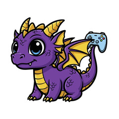 Cute purple dragon with golden horns and wings holding a game controller.