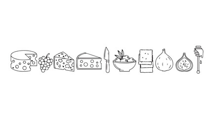 A lineup of delicious food items in a simple black and white silhouette