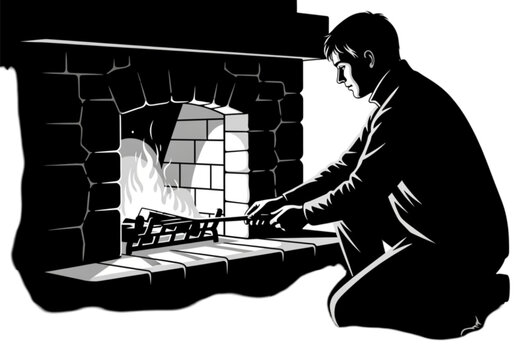 Man in profile kneeling to stoke the flames in a stone fireplace.