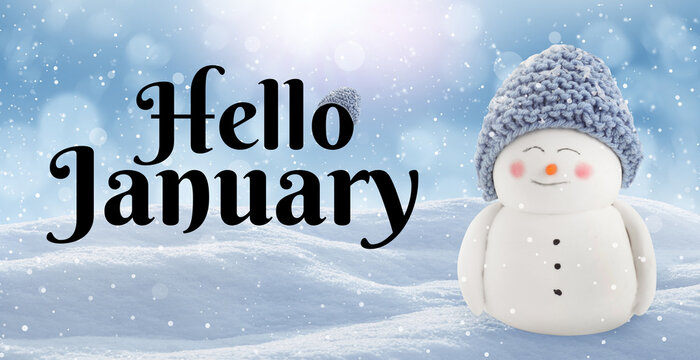 Hello January. Winter time card with snowman toy in snow and bokeh lights. Banner design