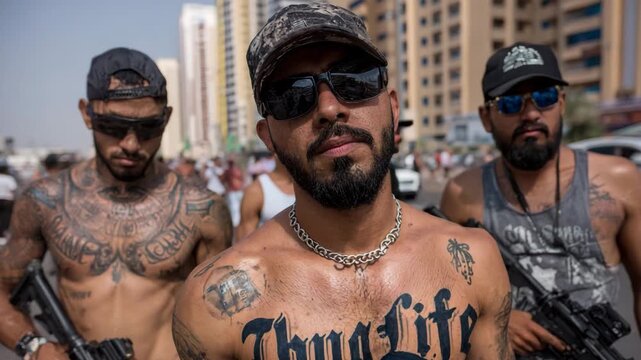 Gang members holding guns on a city street