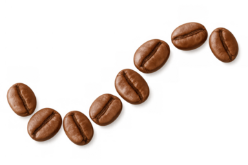 Roasted coffee beans creating a curved line design, offering an aromatic flavor on a transparent background