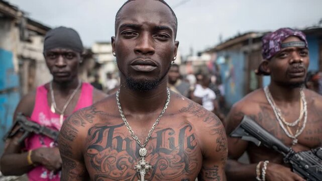 Gang members holding guns on a city street