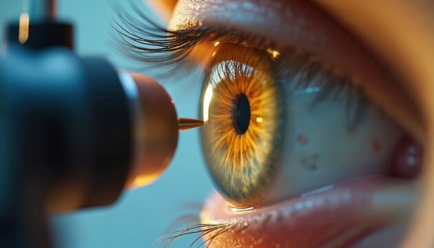 Close up of eye exam with tonometer. Doctor checks intraocular pressure for glaucoma diagnosis. Medical device measures eye health. Retina and cornea scan.