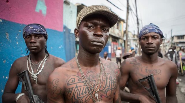 Gang members holding guns on a city street