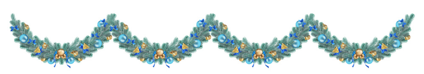 Christmas garland of fir tree branches with bright ornaments on white background. Festive decoration