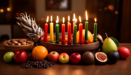 Celebrating Kwanzaa With Lit Candles And Traditional Fruits