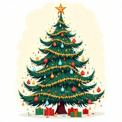 Fully Decorated Traditional Christmas Tree with Star and Lights