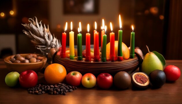 Celebrating Kwanzaa With Lit Candles And Traditional Fruits - Powered by Adobe